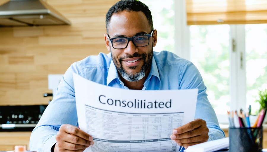 A homeowner feeling empowered and organized while managing debts through a debt management plan.