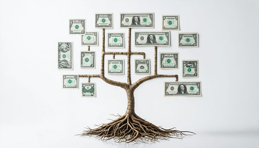 A conceptual depiction of a tree with branches illustrating various creative real estate financing strategies like seller financing and partnerships, representing growth beyond traditional banking.