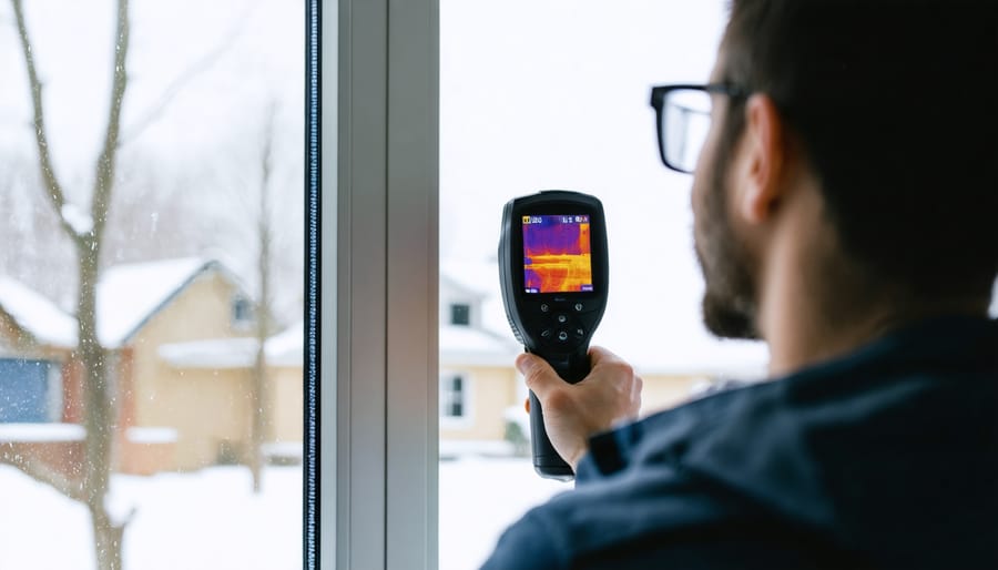 Homeowner using a thermal imaging device to identify air leaks near a window frame