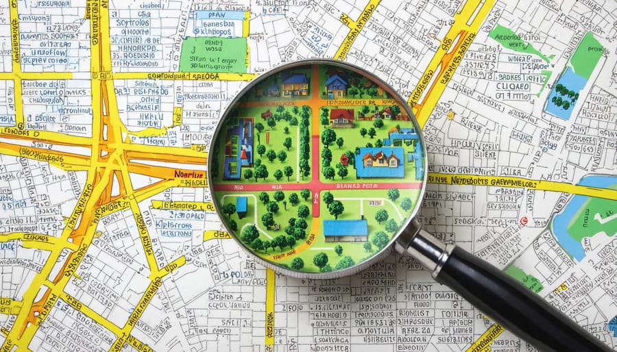 Conceptual image of a magnifying glass highlighting different ZIP codes with schools, parks, and homes, symbolizing real estate opportunities.