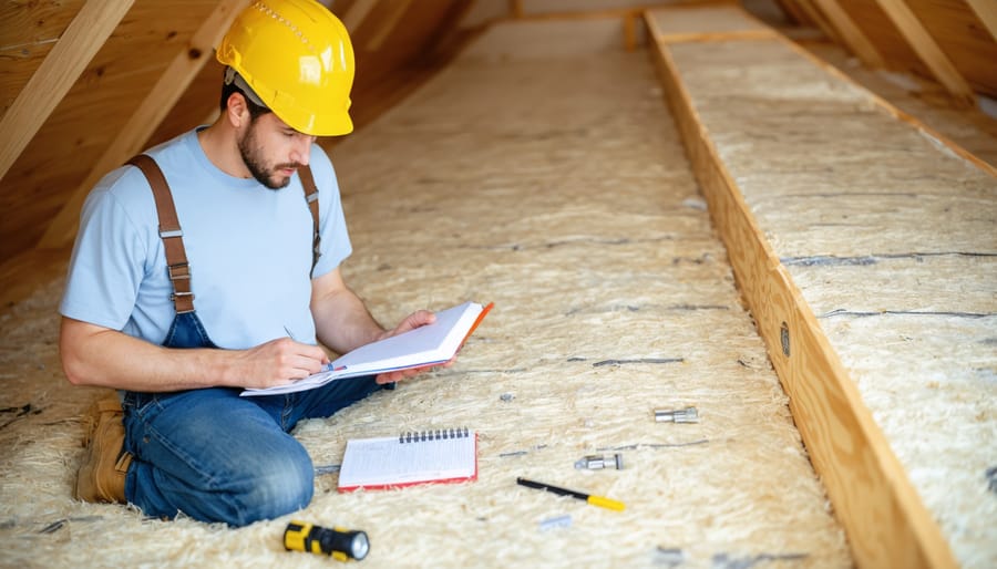 A homeowner conducting a DIY energy audit by inspecting attic insulation with essential tools like a flashlight and a thermometer, emphasizing energy efficiency and savings.