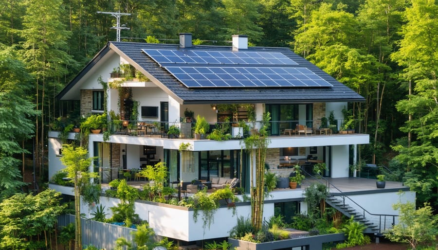 A modern eco-friendly home featuring solar panels, sustainable landscaping, and rainwater harvesting, illustrating property value enhancement through green upgrades.