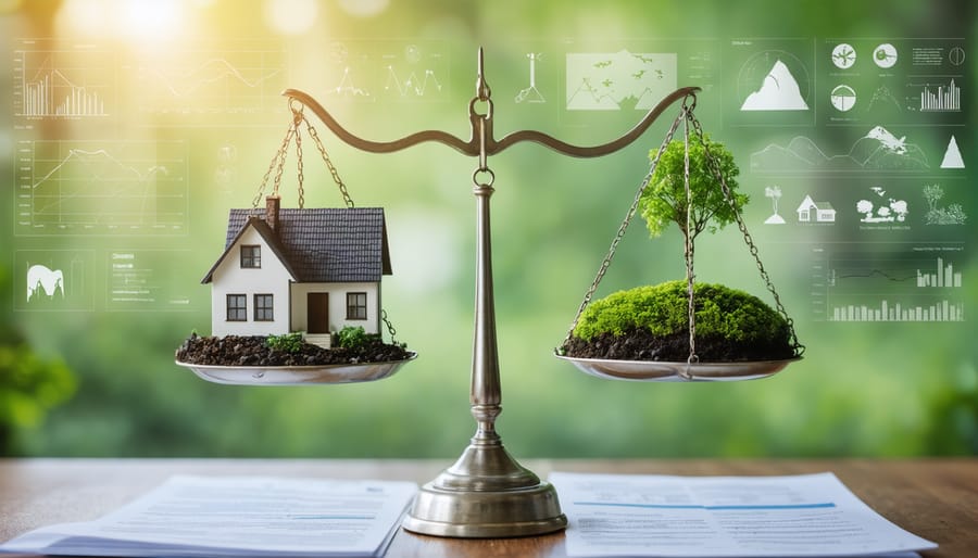 A conceptual illustration of a balance scale weighing real estate and environmental factors, symbolizing the critical role of environmental reports in real estate transactions.
