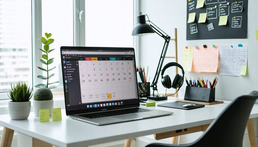A sophisticated home office setup with a high-tech laptop, ergonomic chair, headset, and modern monitor, demonstrating a comfortable and productive workspace for remote employees.