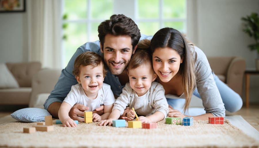 Smiling family relaxing in their living room, symbolizing peace of mind from managing debt