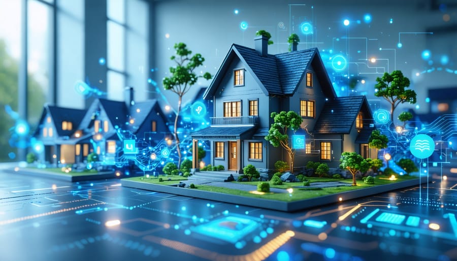 Conceptual illustration showing the integration of fintech into the real estate industry, with buildings transforming into digital data streams.