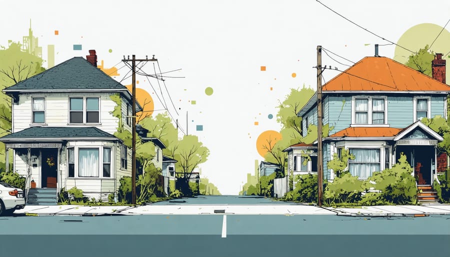 Illustration of a neighborhood undergoing gentrification and revitalization