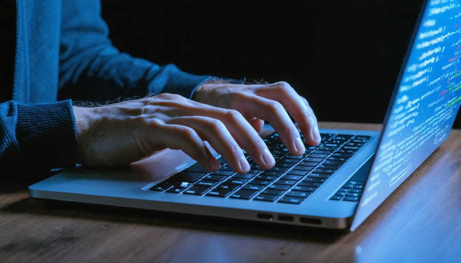 Hacker infiltrating a network by coding on a laptop