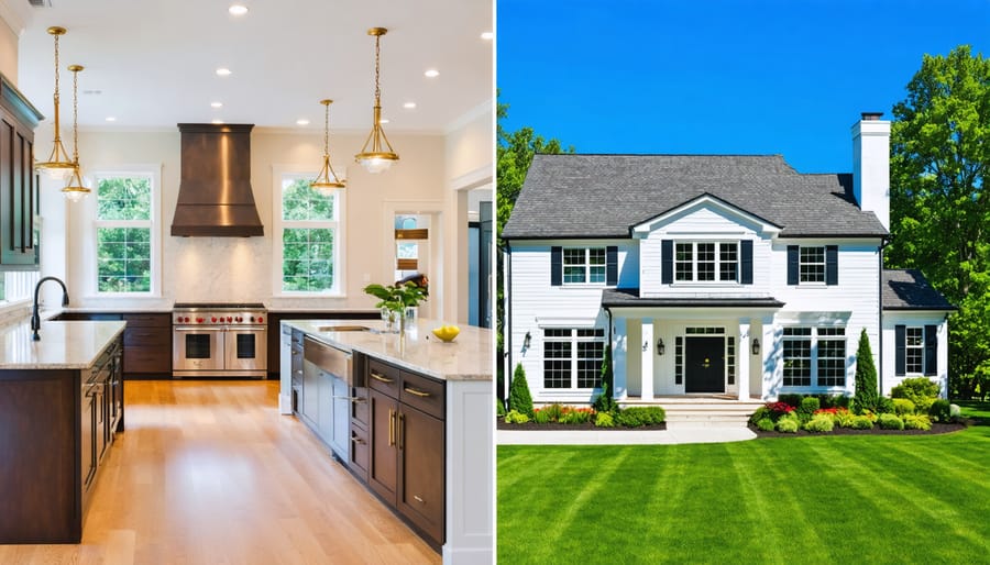 "Split image showcasing a modern kitchen renovation with high-end finishes and a vibrant exterior transformation with enhanced curb appeal, symbolizing the potential of home equity financing."