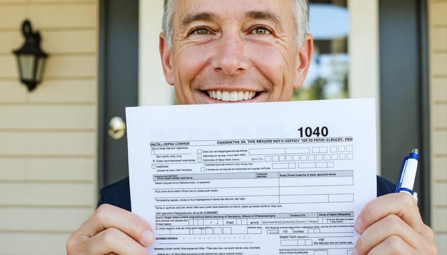 Happy homeowner completing tax forms to claim deductions
