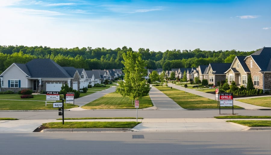 Neighborhood with investment properties available and for sale signs