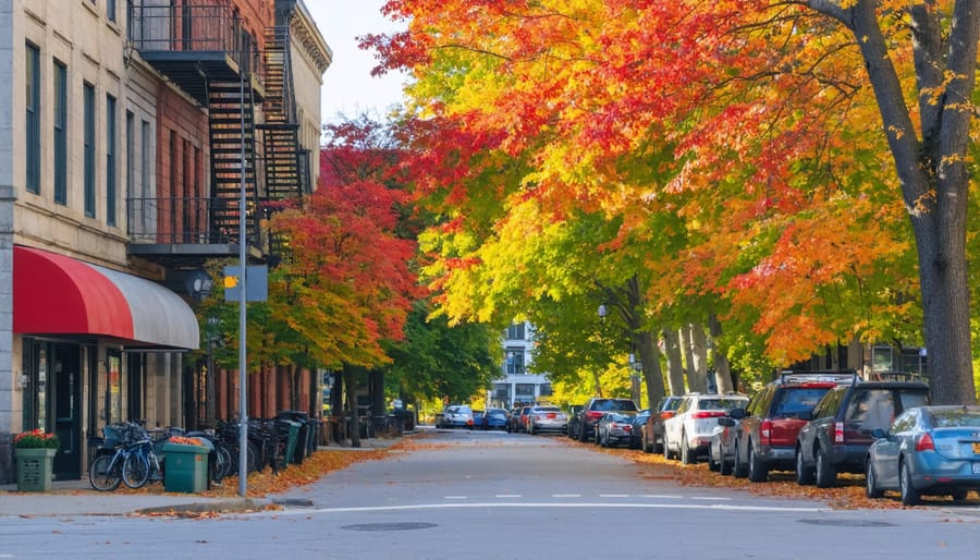 Charming Montreal streetscape showcasing fall foliage and European-style architecture