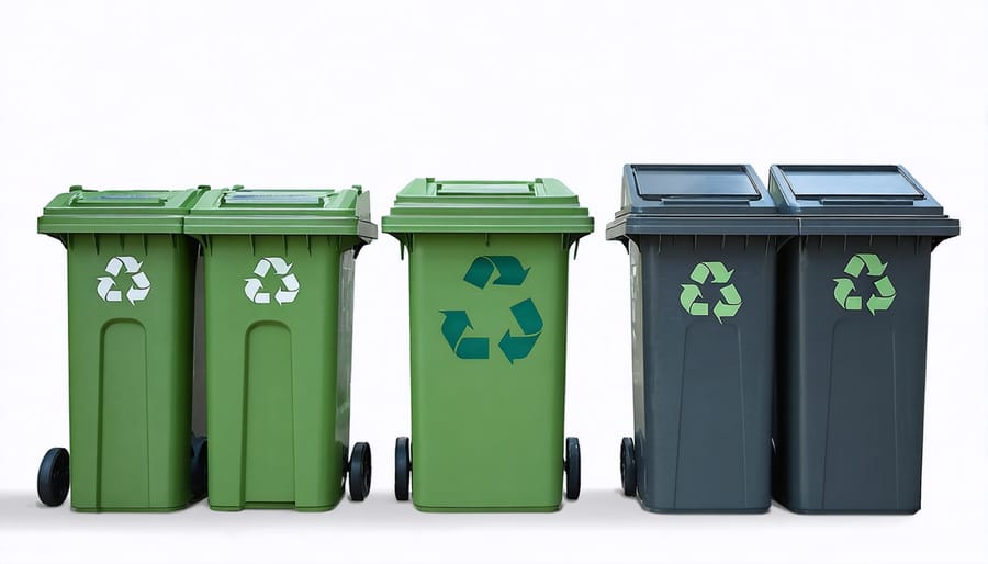 Clearly labeled recycling and composting bins in a commercial office setting