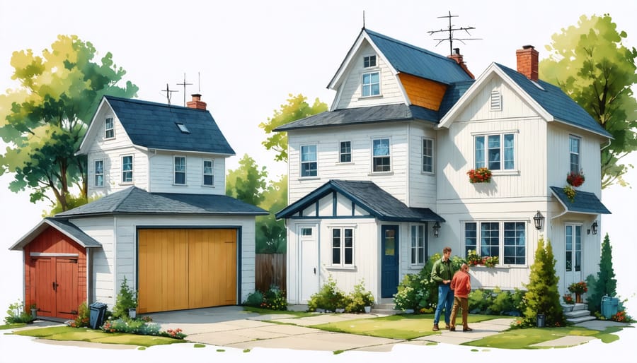 A homeowner discussing insurance coverage with an agent in front of detached structures, including a garage, shed, and fence, illustrating the importance of other structures coverage in homeowners insurance.