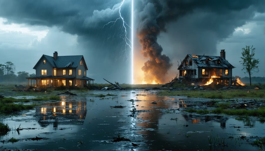 A conceptual visual comparing a thriving property protected by insurance with a damaged property affected by disasters, highlighting the crucial role of property insurance.