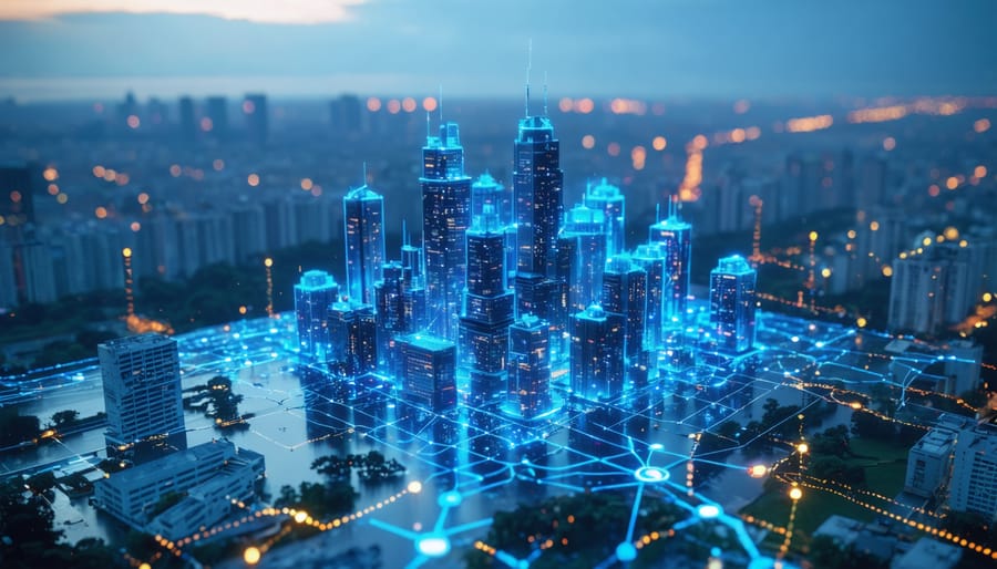 A conceptual representation of cybersecurity in the real estate sector, depicted as a digital fortress protecting modern skyscrapers, illustrating the integration of technology with urban living to secure digital assets.