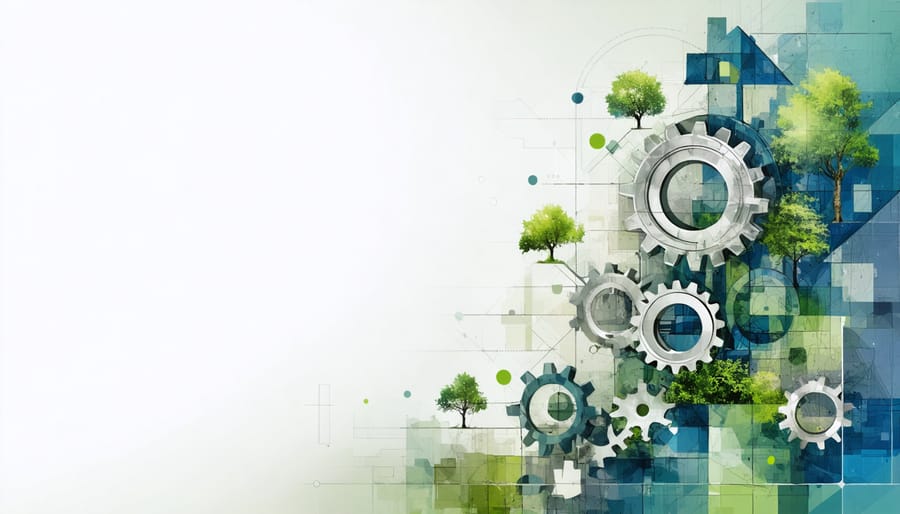 Abstract illustration depicting the interconnected roles within the real estate insurance ecosystem, featuring gears and puzzle pieces representing the collaboration among carriers, brokers, and other stakeholders.