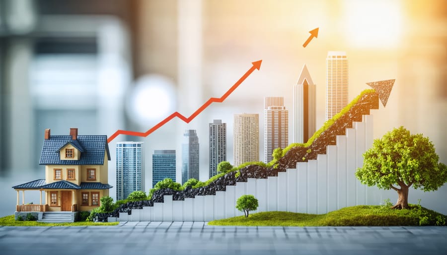 Conceptual representation of a roadmap featuring diverse real estate investment paths with icons for residential, commercial, and financial tools, signifying strategies to maximize returns.