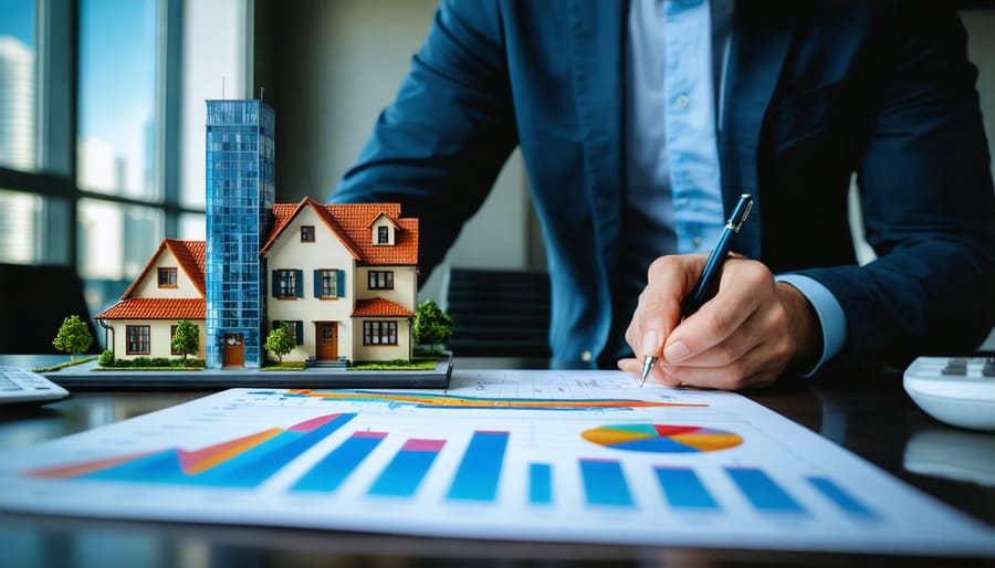 Real estate investor studying market data and trends on a laptop