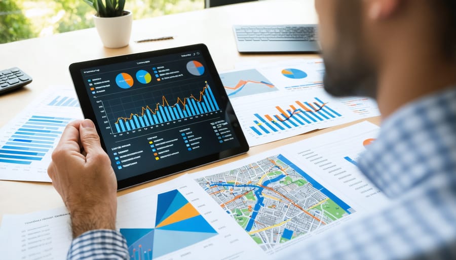 Real estate analyst using digital tools and data visualizations for market analysis, including graphs, maps, and neighborhood reports.