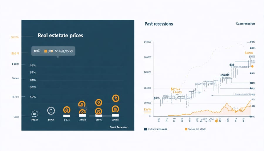 Line graph illustrating the performance of real estate prices during historical recessions