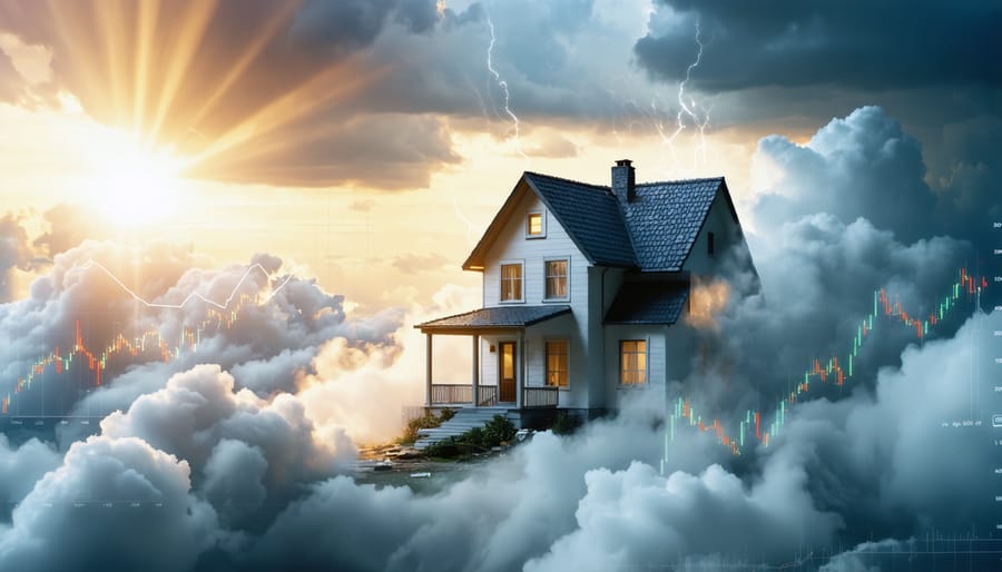 Illustration of a sturdy house structure enduring a storm, symbolizing the resilience of real estate during a recession, with rays of sunlight breaking through turbulent clouds representing optimism and opportunity.