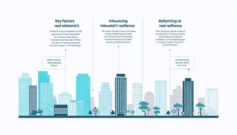 Conceptual illustration depicting location, property type, and financing as pillars of real estate's recession resilience