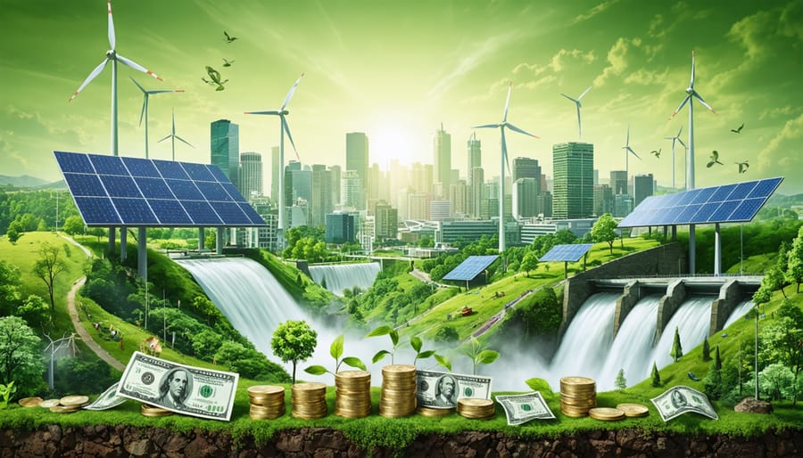 A dynamic cityscape powered by renewable energy sources, highlighting the integration of solar panels, wind turbines, and a hydroelectric dam, symbolizing the collaboration of financing strategies in supporting eco-friendly development.