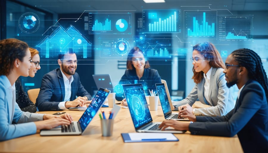 A team of real estate professionals collaborating around a table, using laptops displaying real estate management software dashboards with holographic graphs and charts, illustrating the integration of technology in real estate management.
