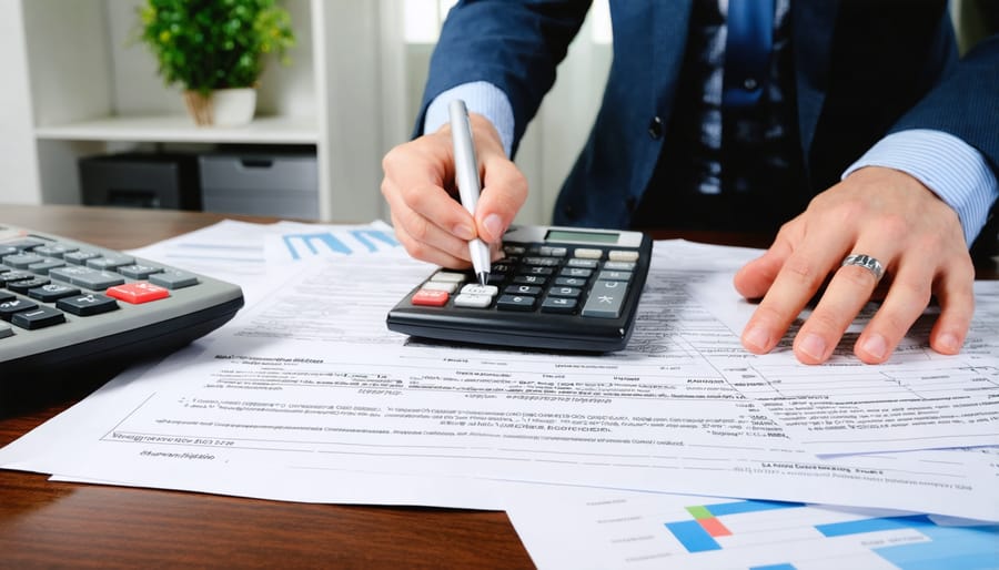 Self-employed income documentation including tax returns, financial statements, and calculator