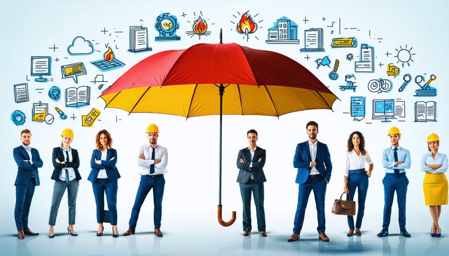 A diverse group of self-employed professionals under a protective umbrella, representing workers' compensation insurance shielding them from work-related risks.