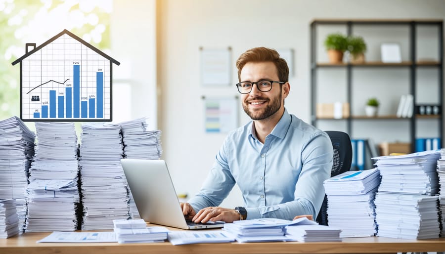 A self-employed individual at a desk reviewing financial documents and tax returns, with a house silhouette in the background, symbolizing a focused approach to securing a mortgage.