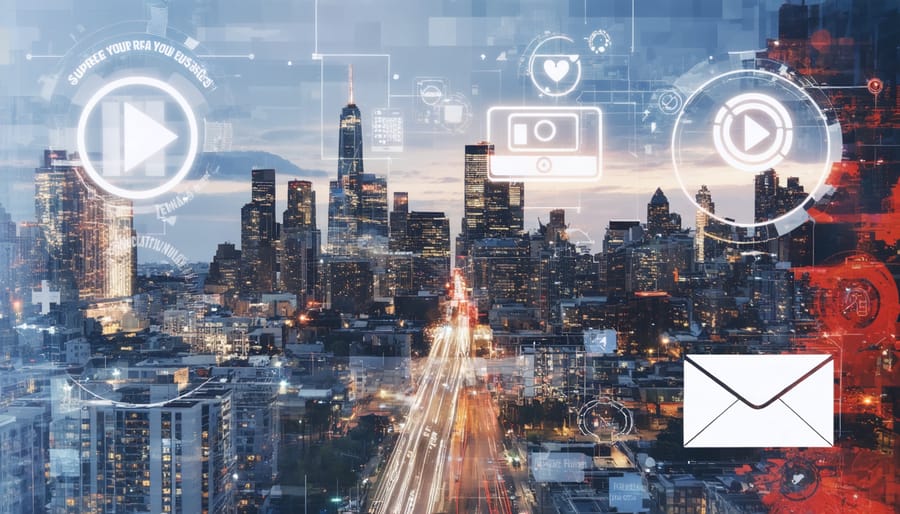 A digital collage illustrating key digital marketing strategies for real estate, including local SEO, social media engagement, video marketing, and email campaigns.