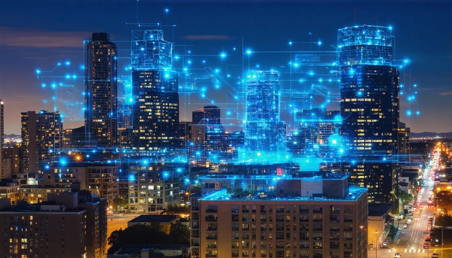 City skyline transformed by economic development tools highlighting buildings with holographic overlays representing opportunity zones, tax increment financing, and market tax credits.