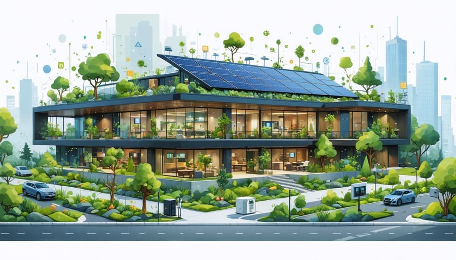 A modern commercial building showcasing green technology such as solar panels, LED lighting, and smart HVAC systems, surrounded by eco-friendly landscaping and recycling facilities.
