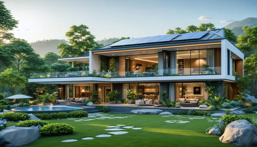 Modern home displaying eco-friendly features, including solar panels, smart home technology, and water-efficient landscaping.