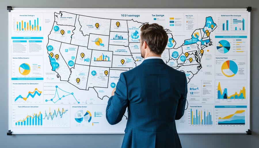Real estate investor analyzing a strategy board with tax savings and investment strategies, including 1031 exchange and tax-advantaged accounts.