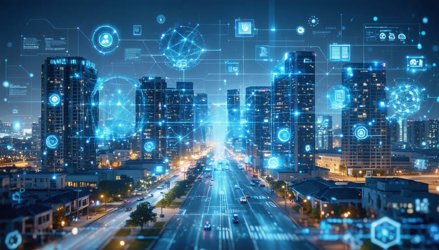 Conceptual portrayal of technological advancements transforming the real estate industry, featuring futuristic cityscapes and digital elements.