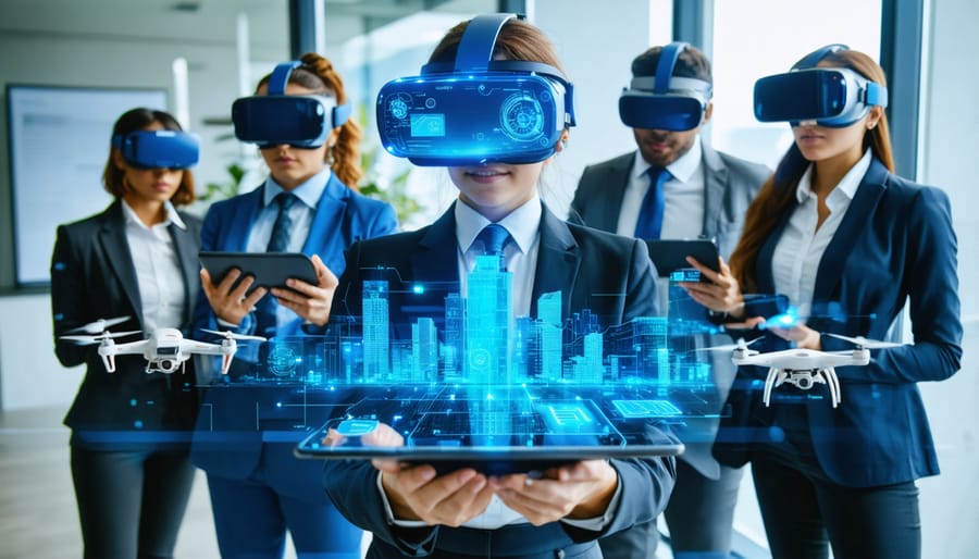 A group of real estate agents using VR headsets and tablets showing CRM software, illustrating the use of advanced technology tools in the real estate industry of 2024.