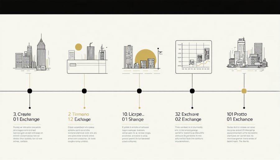 Step-by-step visualization of 1031 exchange process with timeline