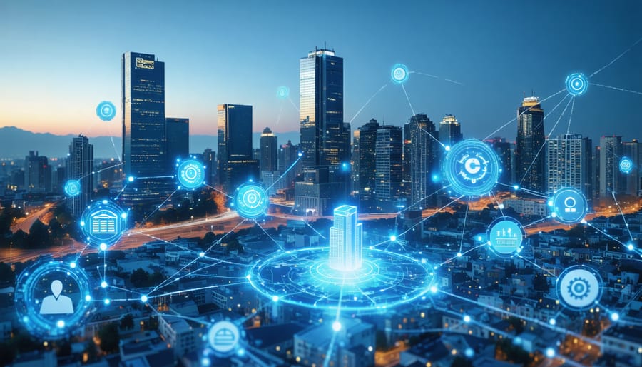 Illustration of a city skyline with blockchain nodes connecting real estate properties, symbolizing the integration of blockchain technology in real estate insurance.