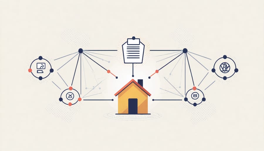Network of interconnected blockchain nodes surrounding a digital property deed