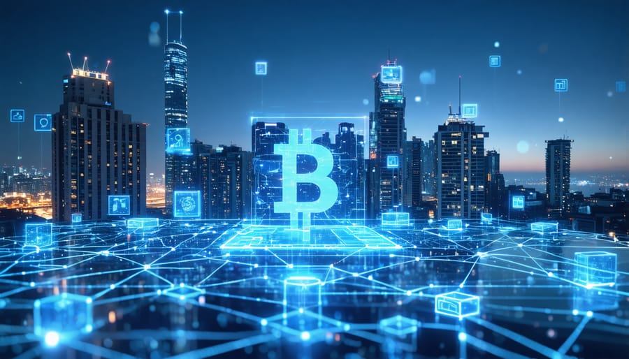 A dynamic city skyline depicting the intersection of blockchain and real estate, with digital lines, property tokens, and smart contracts illustrating the innovative transformation in property transactions.