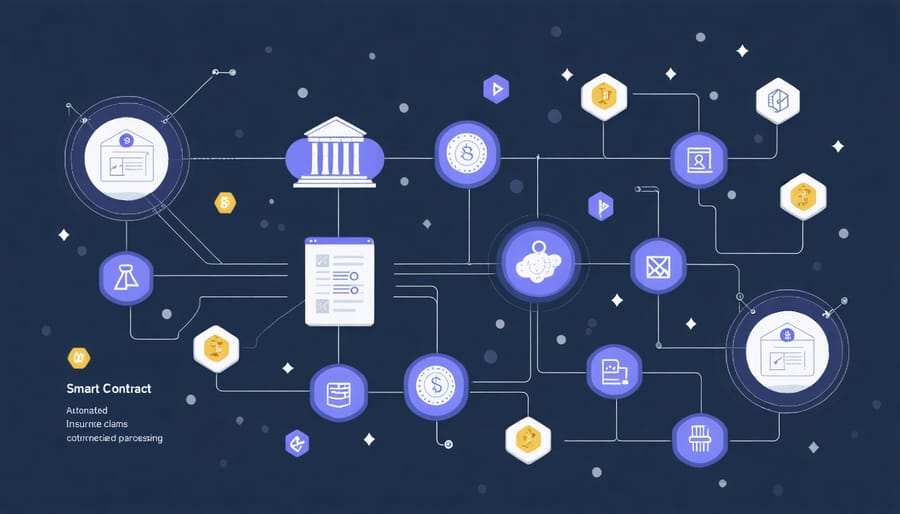Diagram showing automated insurance claims process flow through blockchain smart contracts