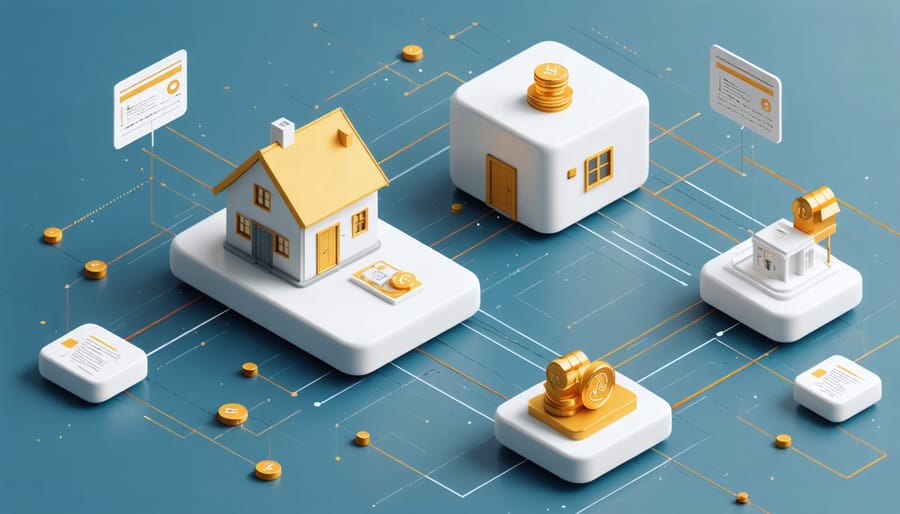 3D illustration of blockchain-based smart contract executing a real estate transaction