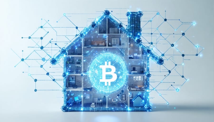 A conceptual illustration of a blockchain network forming a house shape with a digital property deed in the center, representing the security and transparency of blockchain in real estate.