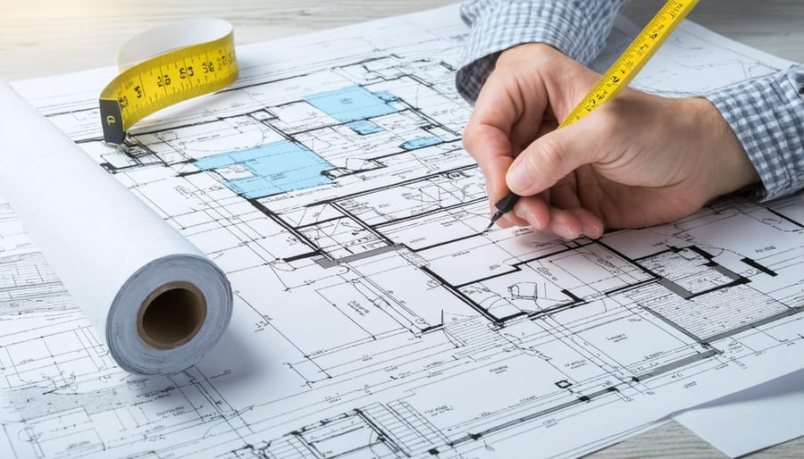 Building plans and permit documents laid out on a workspace with inspection checklist