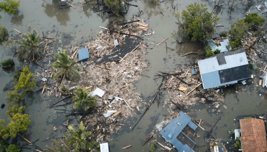 Aerial photograph showing residential neighborhood affected by extreme weather damage
