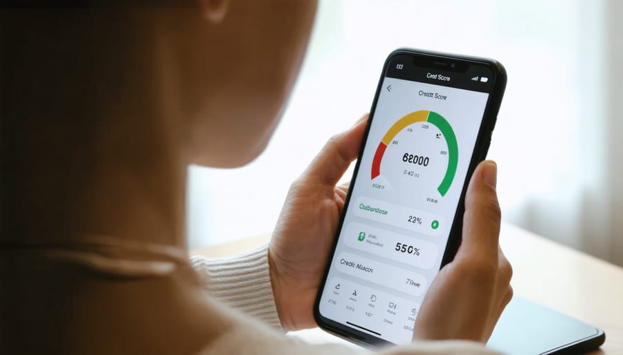 Individual checking their credit score on a smartphone with a credit monitoring app