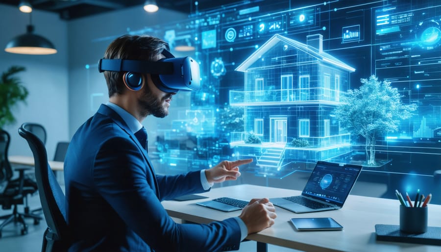Real estate agent using a VR headset and interacting with a holographic property model, highlighted by digital analytics dashboards and futuristic office ambiance, symbolizing the digital transformation in real estate.